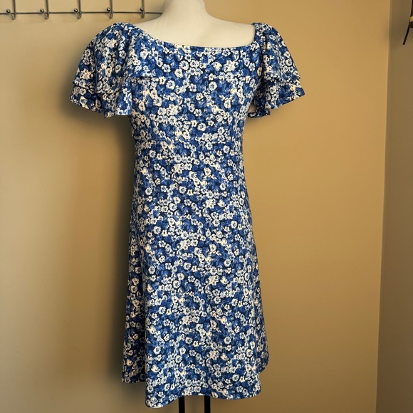 mySTYLE Blue Floral Square Neck Layered Flutter Sleeve Midi Dress Babydoll Small - Picture 3 of 10